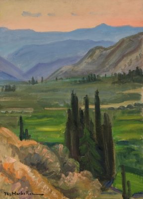 View from Velo, Dusk with Cypresses — Oil painting, Canvas, 33.00×46.00cm — Theodoros Markellos